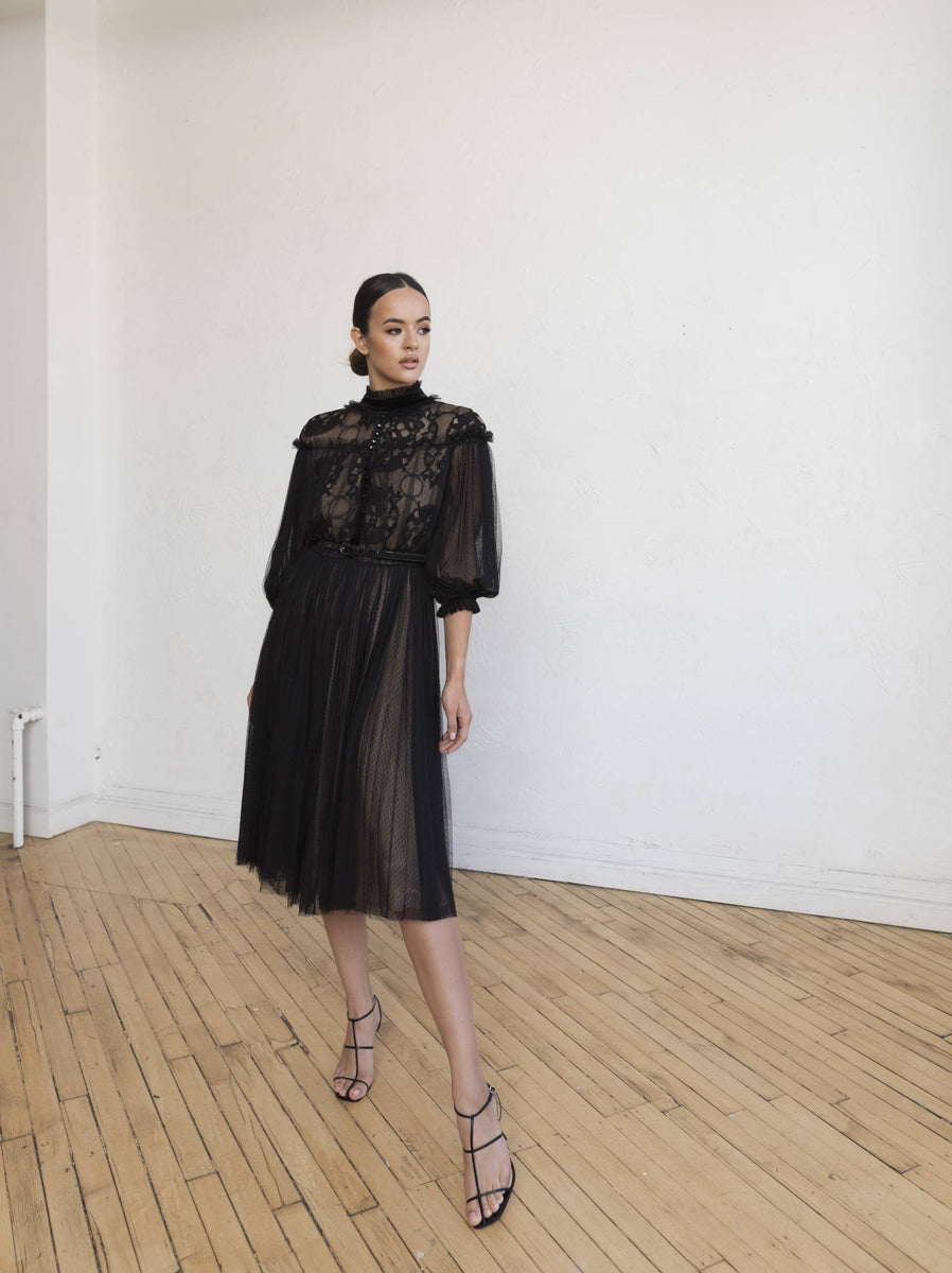 スカート Lovely Solid Dress BLACK Lace Midi Length Scarlett Dress Black – SETAERASO