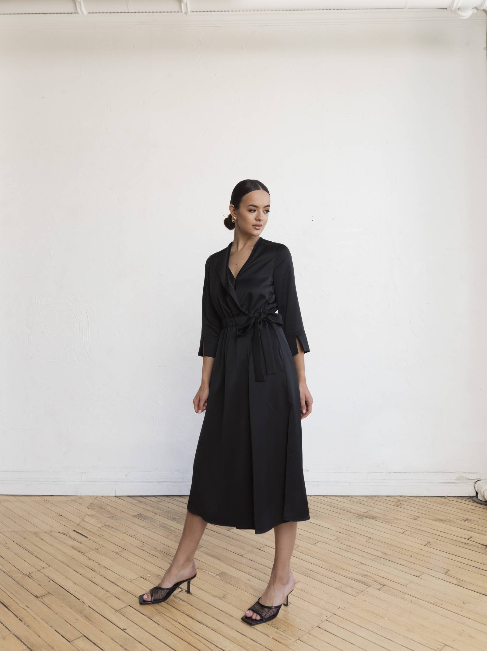 Belted Melania Satin Dress Black SETAERASO Belted Melania Satin Dress Black SETAERASO
